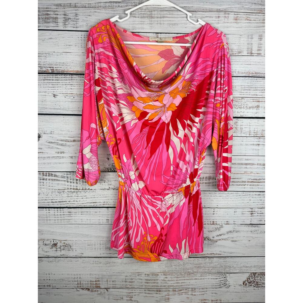 Slouchy Pink Floral Top Gathered Waist Mob Wife XXS Bright Resort 90s Peggy 80s